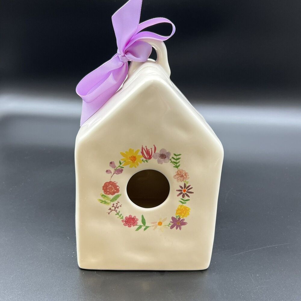 Rae Dunn Floral Wreath Birdhouse Watercolor Flowers Farmhouse Purple Bow 2017